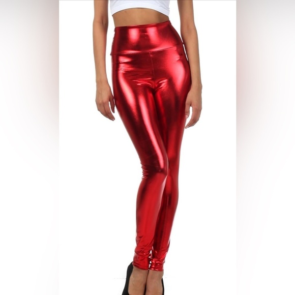 Sakkas Pants - SAKKAS Shiny Liquid Metallic High Waist Stretch Leggings— Red. Size: Small.